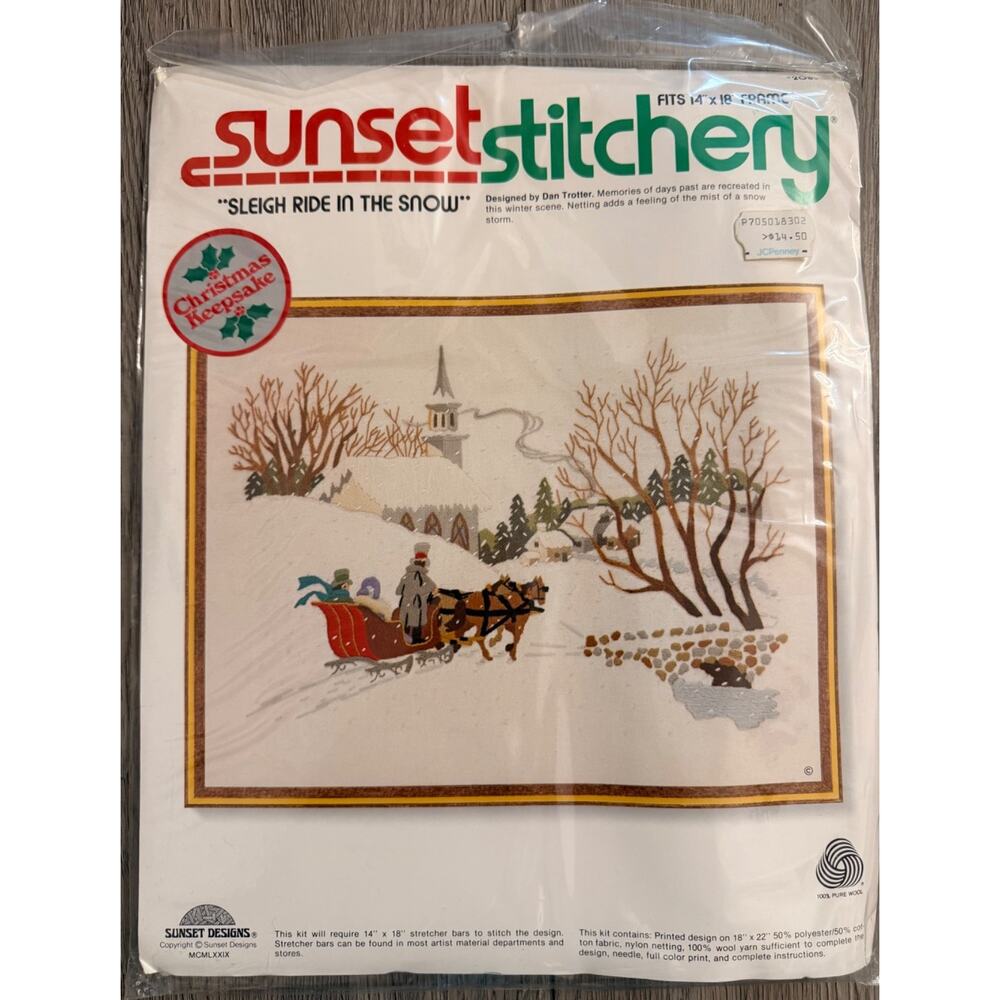 Vintage 1979 Sunset Stitchery "Sleigh Ride in the Snow" Crewel Kit #2085